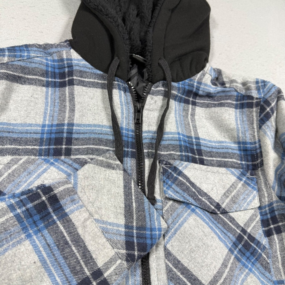Burnside Mens Blue Plaid Hooded Flannel Jacket Sherpa Hood Quilted Lined Small